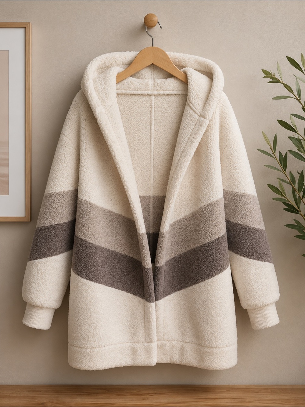 Gilly Hicks Cream Sherpa Teddy Jacket with Gray Chevron Stripes